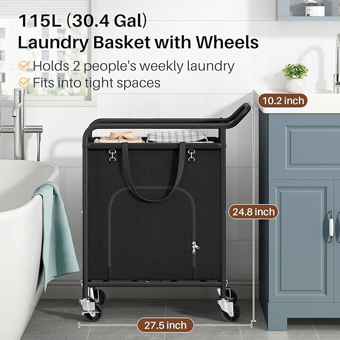Laundry Basket with Wheels,114L Large Rolling Laundry Hamper, Heavy-Duty Laundry Cart Sturdy Metal Frame with Handle, Minimizes Bending Easy Access Clothing for Bedroom, Bathroom, Laundry Room (Black)