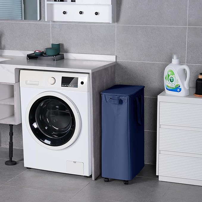 Slim Laundry Hamper with Lid and Wheels, Small Rolling Laundry Basket with Handle for Small Spaces, Tall Dirty Clothes Hampers for Dorm, Bathroom and Bedroom, 75L, Blue