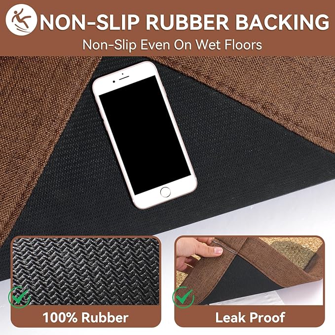 YDKGL Bath Mat Bathroom Rugs Non Slip Washable, Soft Jute-Like Ultra Thin Bath Mats, Rubber Backing Super Absorbent Quick Dry Thin Bath Rug Shower Mat Fit Under Door Bathroom Tub Floor, Brown 20"x32"