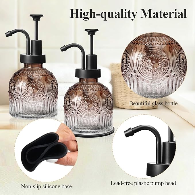 SheeChung Vintage Soap Dispenser, Kitchen Dish Soap Dispensers with Pump Mat, Glass Hand Soap Dispenser for Bathroom, Liquid, Lotion, Refillable, Rustic Farmhouse Decor-Brown (Black Pump, 1 pk)