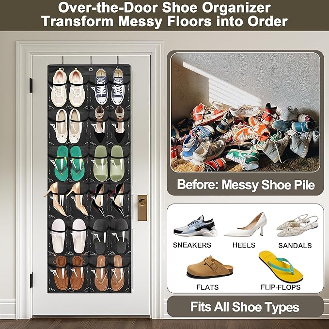 Over The Door Shoe Organizer - Space Saving Shoe Rack for Closet Door with 24 Crystal Clear Pockets and Metal Hooks, Shoe Holder Back of Door Organizers for Shoes, Hanging Shoe Organizer (Black)