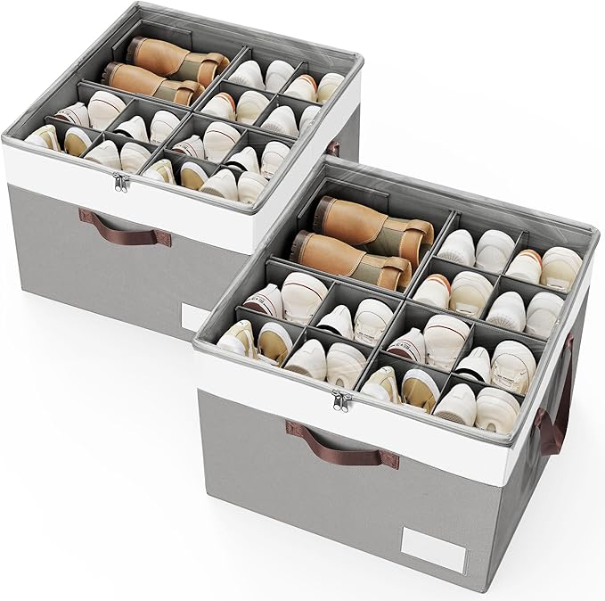 Criusia Shoe Organizer for Closet, 2 Pack Foldable Shoe Storage Organizer Box Bin with Adjustable Dividers and Clear Cover, Closet Shoe Storage for Sneakers Sandals Boots, Fit 16-32 Pairs, Gray