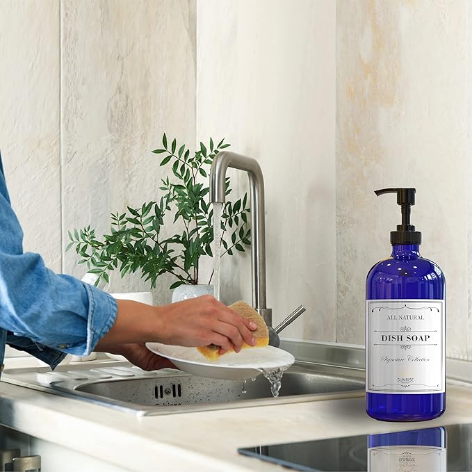 16 OZ Cobalt Blue Glass Soap Dispenser with Pump 2 Pack, Hand and Dish Soap Dispenser Set for Bathroom and Kitchen Sink with 6 Waterproof Labels