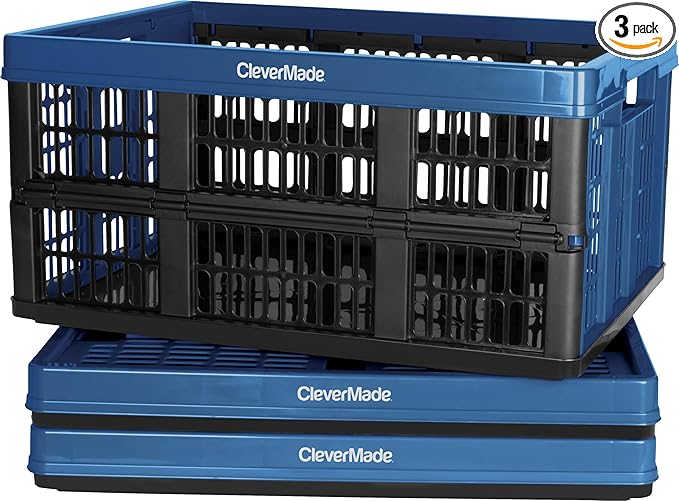 CleverMade Collapsible Utility Crates, - Ocean 3 Pack 45L / 11 Gal, Polypropylene (PP), Holds 66 lbs - Stackable Containers Heavy Duty Capacity Crates Space-Saving Baskets