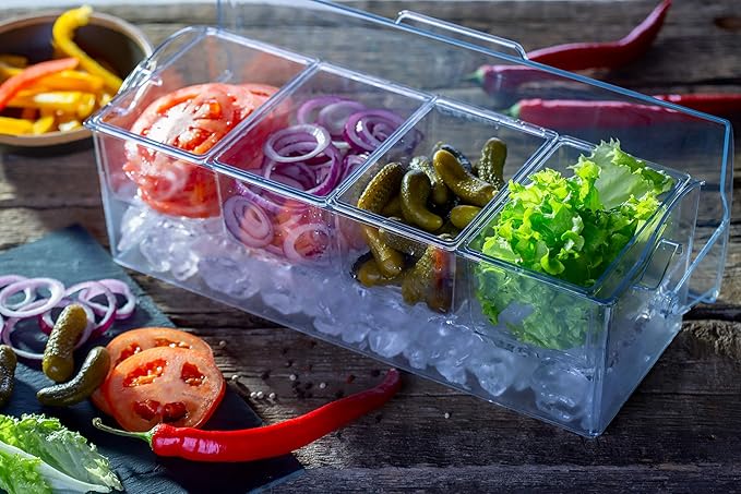 Pikanty | 4-Compartment Chill & Serve Condiment Caddy with Revolutionary Ice Base | Spacious, Hygienic, and Durable for All Events | Made in USA