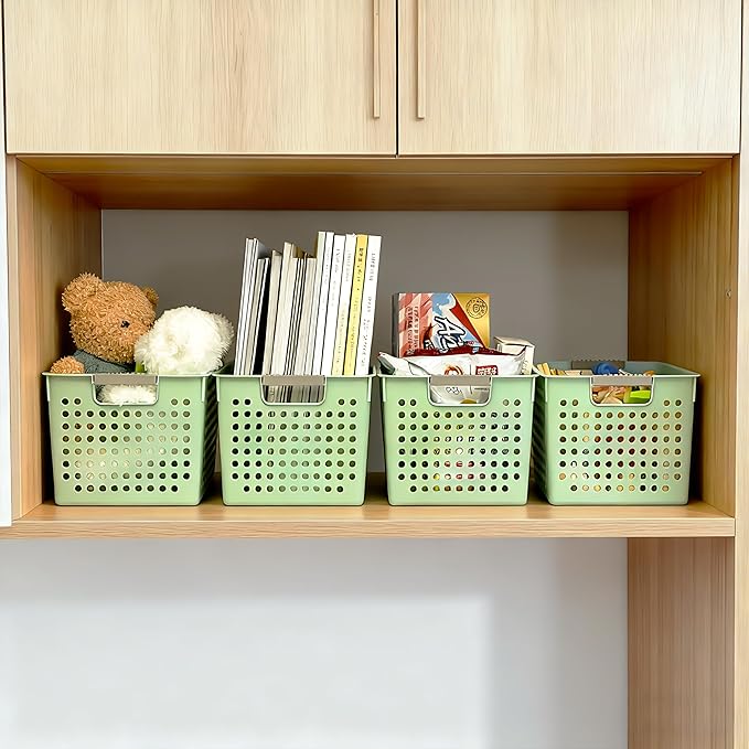 Soddeph 4 Pack Plastic Deep Storage Basket with Handles, Cubbies Organizer Bins with Hollow Design for Under Counter, Closet, Kitchen or Bathroom 12.3" × 8.7" × 6.9"(Green, Medium)