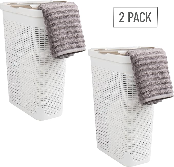 Mind Reader Slim Laundry Hamper with Lid, 40L Clothes Basket, Premium Wicker Design, Plastic, Set of 2, White
