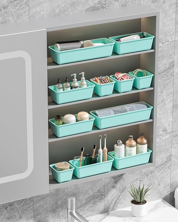 13 Pack Plastic Drawer Organizers Set, 3 Sizes Desk Drawer Organizer Trays for Vanity and Makeup Organizer, Organization and Storage for Makeup, Kitchen Utensils, Bathroom and Office(Blue)