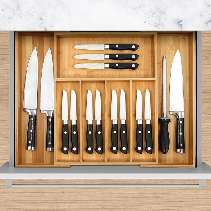 VaeFae Premium Bamboo Drawer Organizer, Expandable Silverware Drawer Organizer, Cutlery Tray with Dividers for Kitchen Utensils (Natural, Large)