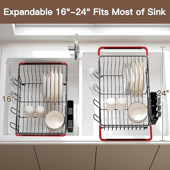 Over the Sink Expandable Dish Drainer Drying Rack In Stainless Steel for Small Kitchen, Counter Space Saving Modern Compact Metal Above Plate Dryer Strainer, Adjustable Hanging Inside Drain Holder