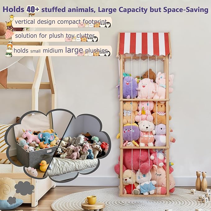 Stuffed Animal Storage, Space Saving Vertical Stuffed Animal Holder Wood, Easy Assembly Cottage-Style Plush Toys Organizer for Kids Bedroom & Playroom (Wood, Large)