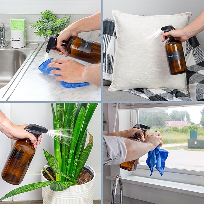 Cornucopia Brands 32oz Amber Glass Spray Bottles (Pack of 2) Brown Bottles w/ 3-Setting Trigger Sprayers; Includes Caps for Storage