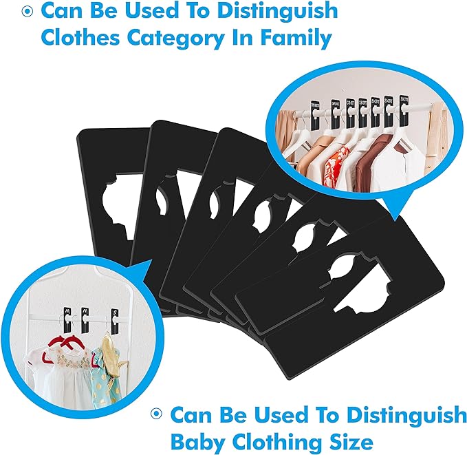 8 PCS Rectangular Black Plastic Closet Dividers with a Bonus Marker, Writable and Reusable for Sorting Clothing Size, Color, Brand, Size 2” x 5.4’’ (Inner Diameter 1.4”)