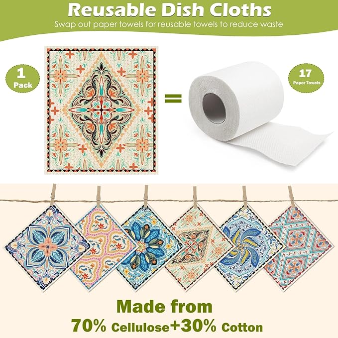 6 Packs Swedish Paper Cloths for Kitchen, Reusable Paper Towels Washable Dish Rags, Highly Absorbent Kitchen Towels Quick Drying Swedish Sponge Cleaning Dish Cloths (Floral Ornamentation)