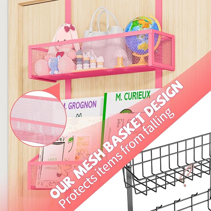 Kaiferty Over The Door Hooks Organizer, Coat Rack Over The Door Storage Hanger Towel Rack, Back of Door Storage Organizer for Bathroom,Bedroom,Kitchen,Office (Pink, 3-Tier)