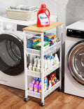 Utility Slim Storage Cart, 4-Tier Narrow Bathroom Organizers and Storage Cart, Narrow Metal Kitchen Laundry Room Organization Shelf with Wood Top, Slim Rolling Carts with Wheels for Small Space
