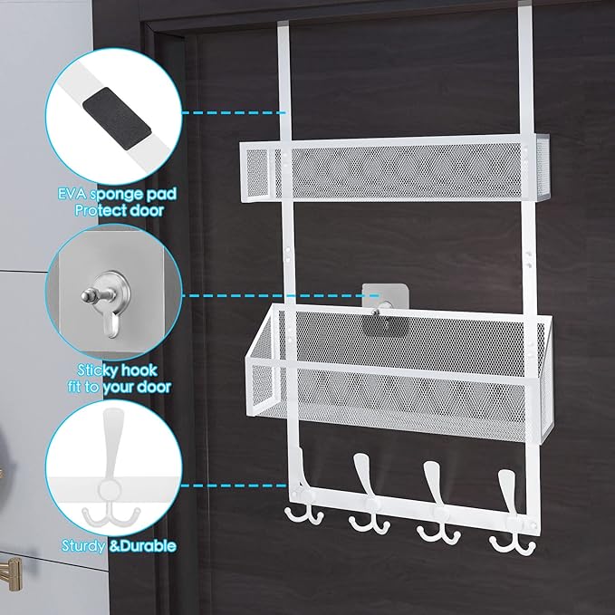 Kaiferty Over The Door Hooks Organizer, Coat Rack Over The Door Storage Hanger Towel Rack, Back of Door Storage Organizer for Bathroom,Bedroom,Kitchen,Office (White, 3-Tier)