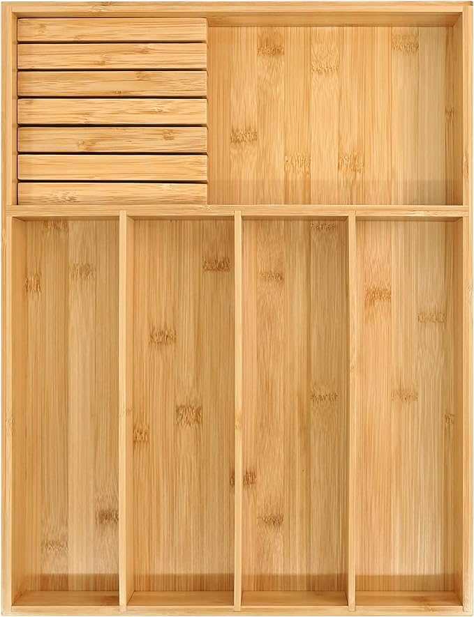 VaeFae Bamboo Silverware Organizer (Non-expandable), Utensil Holder for Drawer, Cutlery Tray with Divider for Kitchen Drawer, Utensil Organizer with Knife Block