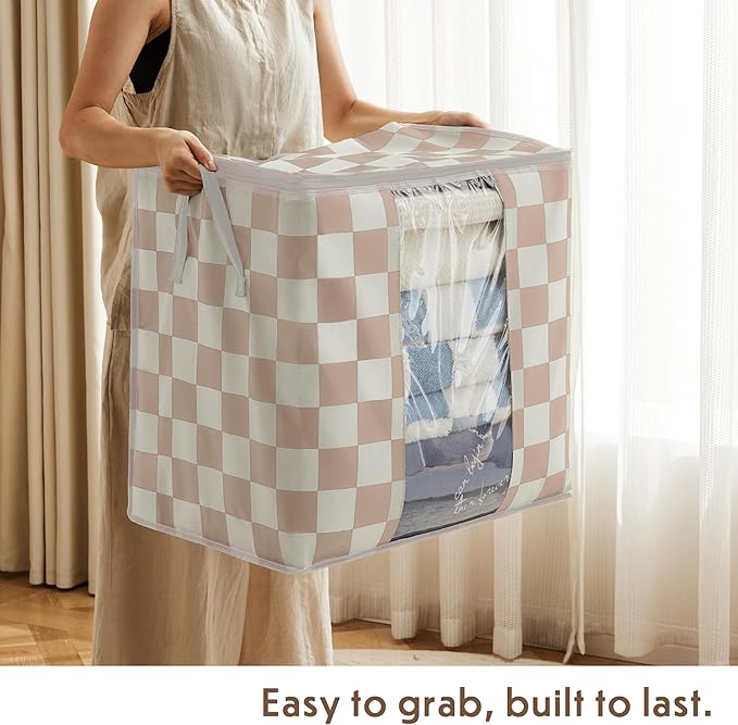 Beige Checkered Clothes Storage Bins, 100L Large Blanket Storage Bags 3 Pack, Closet Organizers and Storage Containers for Comforters, Bedding, Foldable Organizer with Handle
