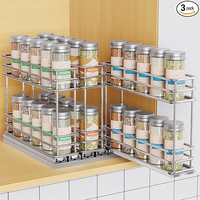 Pull Out Spice Rack Organizer for Cabinet, Slide Out Spice Racks, Easy to Install Spice Cabinet Organizers, 7.4" Wx10.43 Dx8.26 H, 3 Drawers 2 Tiers(Silver)