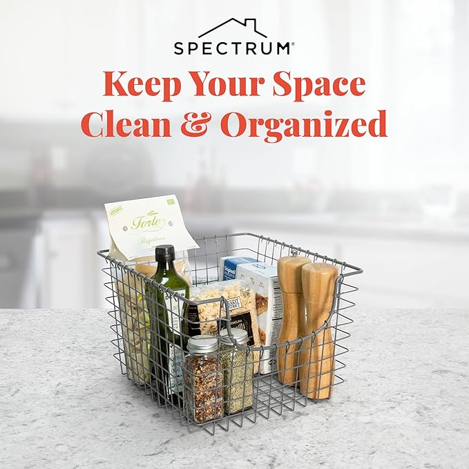 Spectrum Wire-Basket for Organizing (Medium, Industrial Gray) - Sturdy Scoop Pantry Basket Storage - Wire Storage Basket Organizer for Kitchen, Shelf, Closet, Bathroom, Garage & More (Pack of 6)