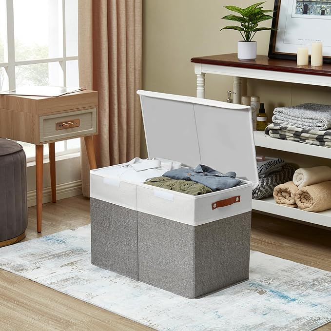 Large Toy Storage Box with Lids, Collapsible Sturdy Baby Storage Organizer Chest Bin Basket for Kids, Boys, Girls, Playroom, Nursery, Bedroom, Closet 25"x13"x16" (Gray and White)
