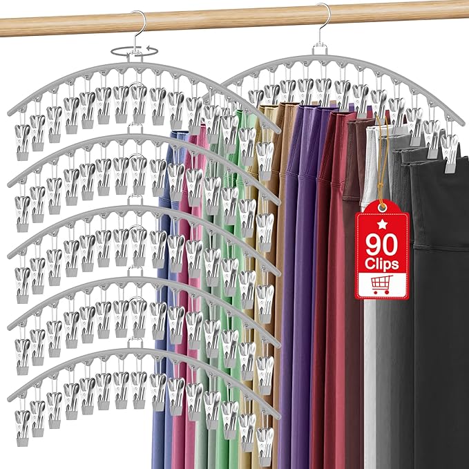 6 Pack Legging Organizer for Closet Hanging, Pants Hangers with Clips Holds 95 Leggings, Shorts, Skirts, Jeans, Hats, Pants Hangers Space Saving Clothes Racks Closet Organizers and Storage, Grey