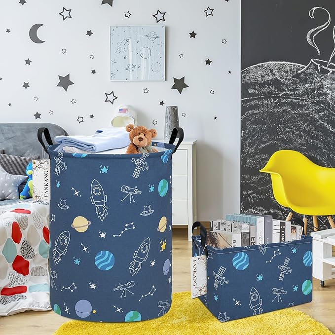 FANKANG Storage Basket, Nursery Hamper Canvas Laundry Basket Foldable with Waterproof PE Coating Large Storage Baskets for Kids Boys and Girls, Office, Bedroom, Clothes,Toys（Colorful Space ）