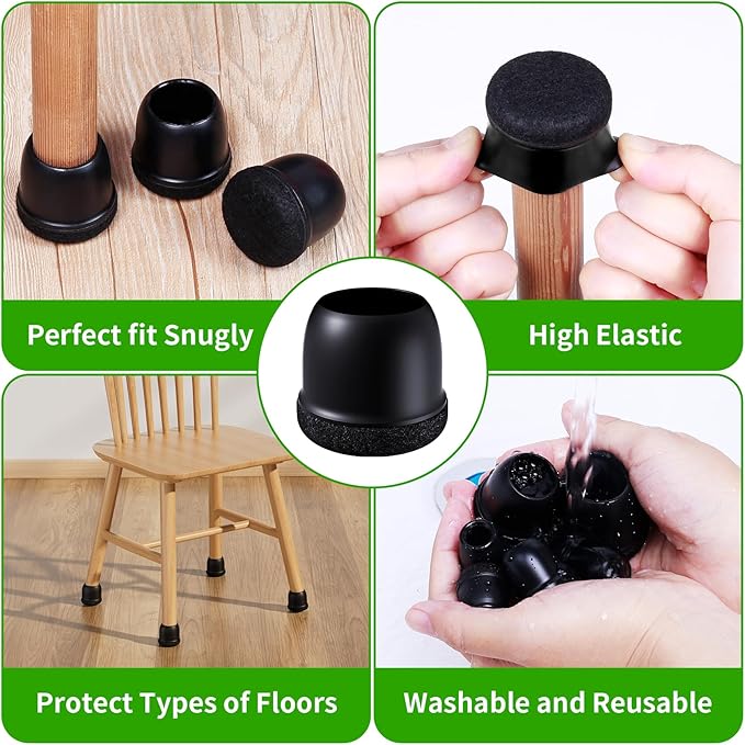 24 Pcs Chair Leg Protectors for Hardwood Floors, Silicone Felt Furniture Leg Cover Pad for Protecting Floors from Scratches and Noise, Smooth Moving for Chair Feet, Round(Black, Fit:1.1"-1.4")