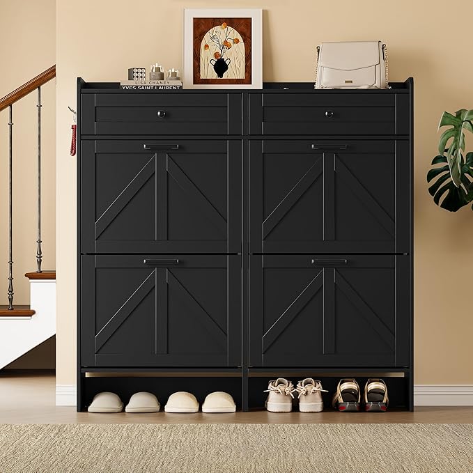 BORNOON Shoe Storage Cabinet for Entryway, Farmhouse Wide Shoe Cabinet with 4 Flip Drawers and 2 Top Drawers, Freestanding Organizer with Adjustable Shelves, Hooks, and Anti-Tip Kit for Hallway