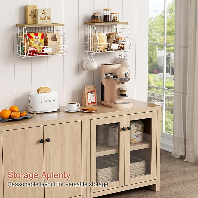 White Fruit Storage Basket for Kitchen Counter Set of 2, Wall Mount Wire Fruit Basket with Shelf with Banana Hanger, Hanging Countertop Organizer for Bathroom Pantry Cabinet, White + Natural