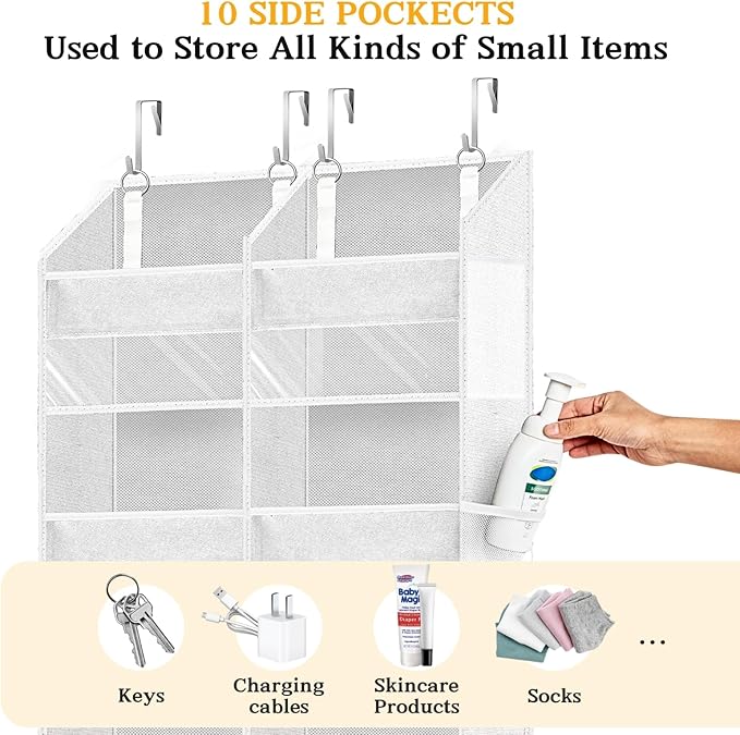Over The Door Organizer 5 Tiers, Extra Large Behind Door Storage of 10 Compartments, 80 lbs Weight Capacity Hanging Storage Organizer with Clear Window Kids Toys, Shoes,Diapers, Room Storage, White