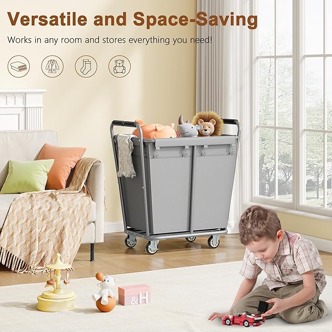 Hoctieon Large Laundry Cart with Wheels, 300L Heavy Duty Laundry Basket Organizer, Rolling Hamper Sorter for Clothes Storage, Industrial Dirty Clothes Hamper for Home & Hotel, Gray
