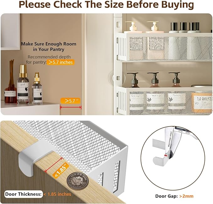 6-Tier Over The Door Pantry Organizer with Mesh Baskets, Adjustable & Stable Hanging Spice Rack for Kitchen, Bathroom, Bedroom, and Baby Essentials Storage