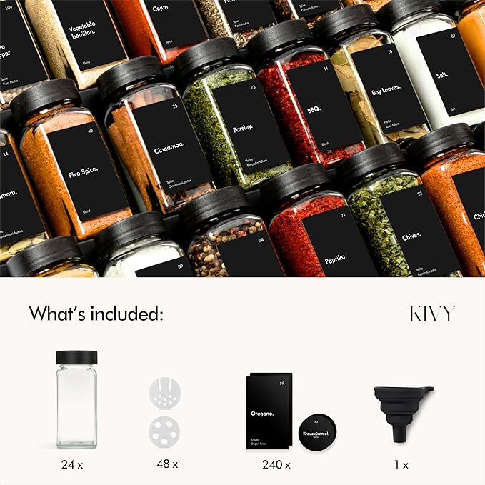 KIVY Glass Spice jars with Label & Shaker Lids [24x 4oz] Airtight Seasoning Containers for Cabinet & Drawer - Empty Spice Bottles - Spice containers with labels - Black spice jars with black lids