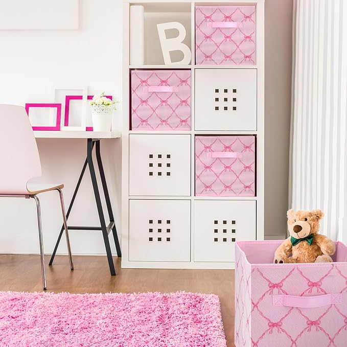 Geelin 6 Pcs Pink Bow Cube Storage Bins 11 Inch Storage Basket with Handle, Preppy Girls Organizer Basket, Collapsible Fabric Box for Classroom Bedrooms Office Home Decoration Gift