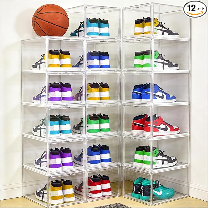 EDS FAM 12 Pack Acrylic Shoe Organizer, Drop Front Shoe Boxes Fit US Size 13, Clear Stackable Hat Organizer Case for Closet, Entryway, Underbed, Multiple Display Cases for Hats, Figures, Sneakers
