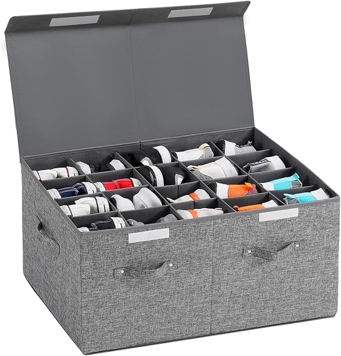 Shoe Storage Organizer for Closet Fits 20 Pairs, Large Shoe Storage Box Bins Containers with Lid and Adjustable Dividers for Shoes, Sneakers and High Heeled, Hard Shell and Stackable (Grey)