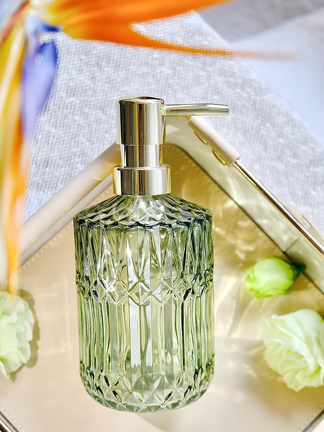 Green Glass Soap Dispenser with Gold Rust Proof Pump, Refillable Clear Glass Kitchen Soap Dispenser, Lotion Dispenser Bathroom for Hands Soap, Dish Soap, Body Wash (Green)