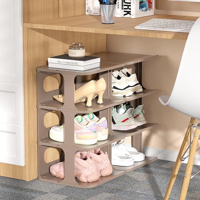 HAIXIN Small Shoe Rack for Closet, 5-Tier Stackable Shoe Organizer for Front Door Entrance, Plastic Vertical Shoe Cubby - Khaki