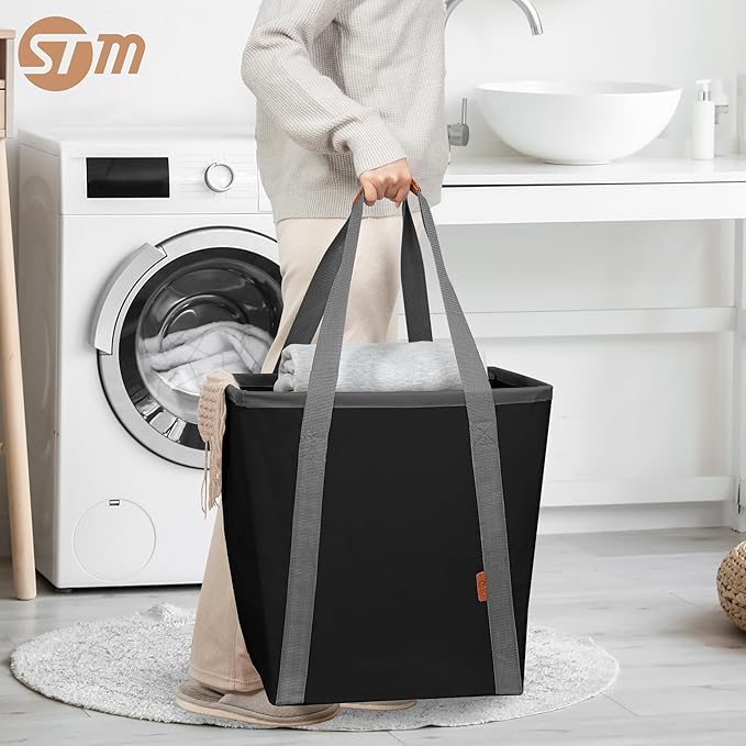 STORAGE MANIAC Collapsible Laundry Caddy, 128L (34 Gal) Large Collapsible Laundry Basket with Sturdy Metal Wire Frame, Long Carry Handles - Space-Saving, Foldable Laundry hamper, 2 Pack Black