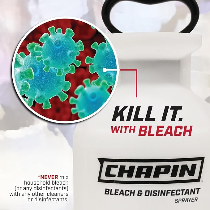 Chapin 22074 Bleach Pump Sprayer, 2‑Gallon, Lawn & Garden, Bleach‑Resistant Poly Tank, Funnel‑Top, Anti‑Clog Filter, Adjustable Cone Nozzle, 40" Hose for Cleaning, Mold & Disinfecting Applications