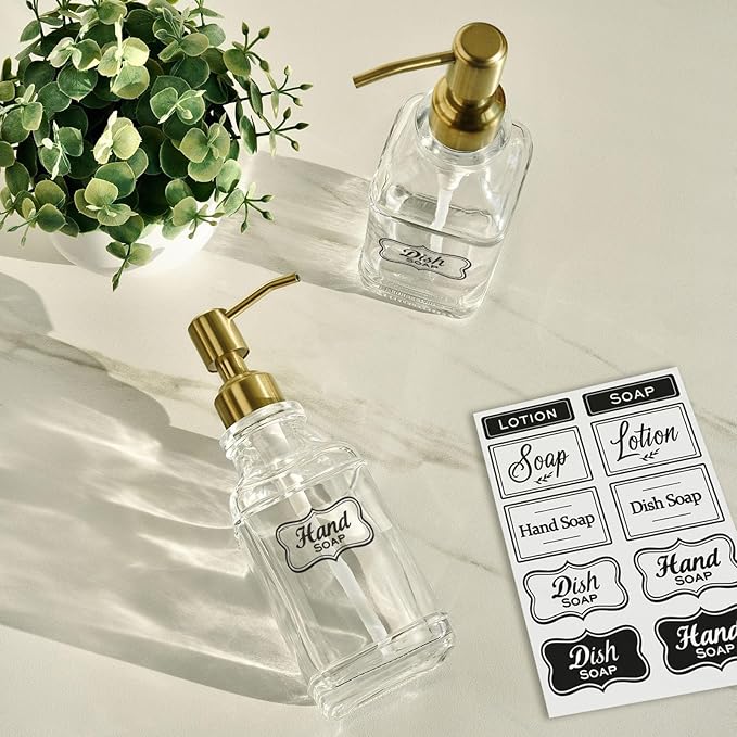 JASAI Antique Square Glass Soap Dispenser with Golden Rust Proof Pump, Refillable soap Dispenser with 10Pcs Stickers for Kitchen, Dish Soap Dispenser for Kitchen Bathroom Soap, Hand soap, Lotion.