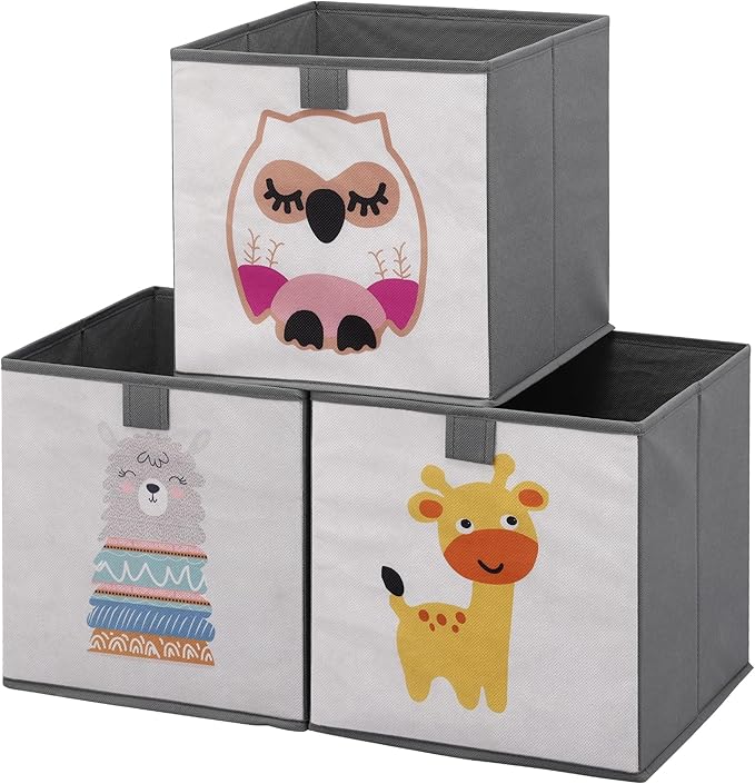Navaris Kids Storage Cubes Set of 3 - Kids Cube Fabric Organizer Storage Bins - Foldable Cloth Cube for Childrens Bedroom Baby Nursery - Book Toy Bin Cubby Storage - Grey