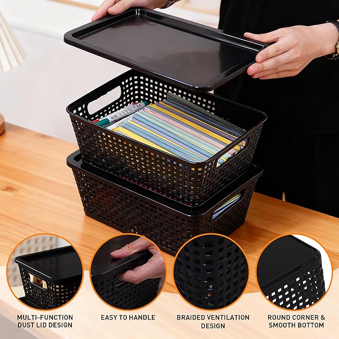 Plastic Storage Baskets With Lid, Storage Bins for Organizing, Stackable Decorative Containers for Shelves Drawers Desktop Closet Playroom Classroom Office, 8 Pack-Black