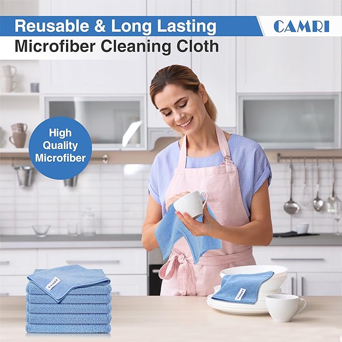 CAMRI Microfiber Towel Cleaning Cloth – Pack of 12, Size 12.6” x 12.6”, Blue, Lint Free, Super Absorbent, Streak Free, Washable, Multipurpose Cleaning Rags for Kitchen, Glass, Car, Mirror