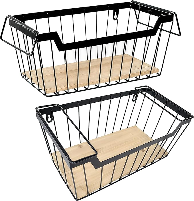 Metal Wire Basket with Handles Storage Organizer Stackable Organizing bins for Cabinet Shelf Countertop Under Sink Pantry for Kitchen,Bathroom,Laundry Closet,Set of 2pcs