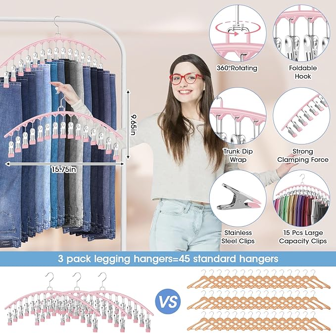 3 Pack Legging Organizer for Closet Hanging, Pants Hangers with Clips Holds 45 Leggings, Shorts, Skirts, Jeans, Hats, Pants Hangers Space Saving Clothes Racks Closet Organizers and Storage, Pink