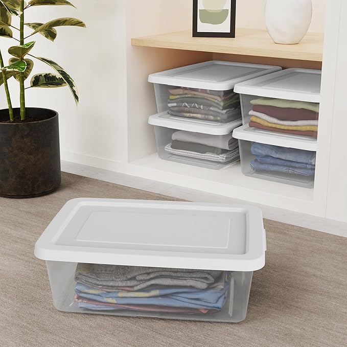 Sterilite 12 Pack Storage Box, 12 Quart Stackable Tote, Clear Plastic Container with Secure Snapping Lids for Home and Office Organization, White