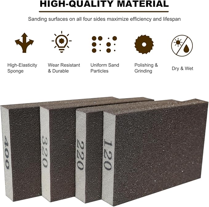 4 Pack Hand Sanding Sponge Set -120 220 320 400 Grit- Coarse Medium Fine Grit Sanding Block, Sander Sponges for Wood-Working Drywall Metal, Washable and Reusable Sponge for Rust Removal Polishing